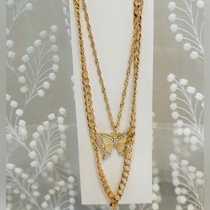 2pc gold necklace set, cuban link chain with butterfly locket chain